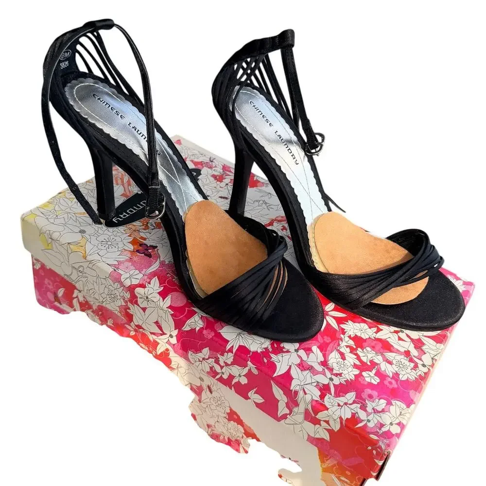 Chinese Laundry Willy Black Satin Strappy Heels Ankle Strap Stiletto Size 6